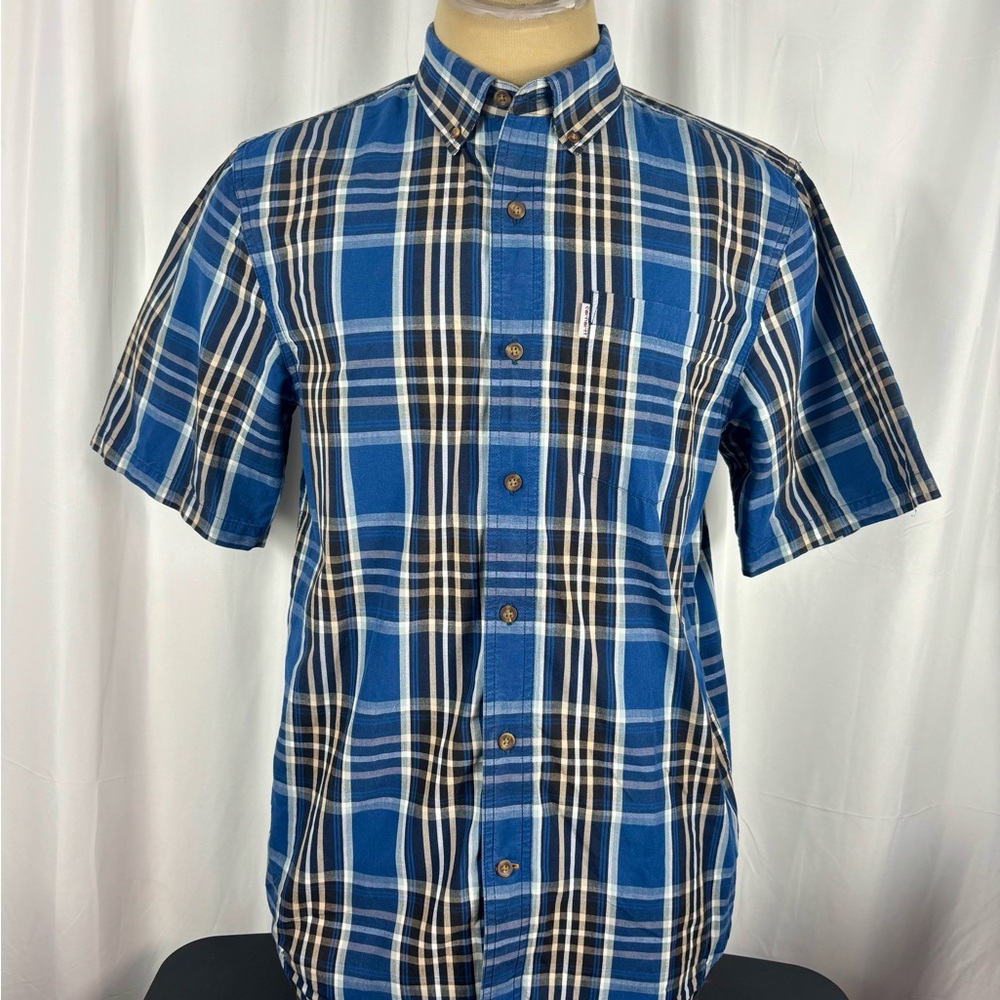 Carhartt Men's Essential Plaid Button Down Short Sleeve Shirt Dark Cobalt Plaid